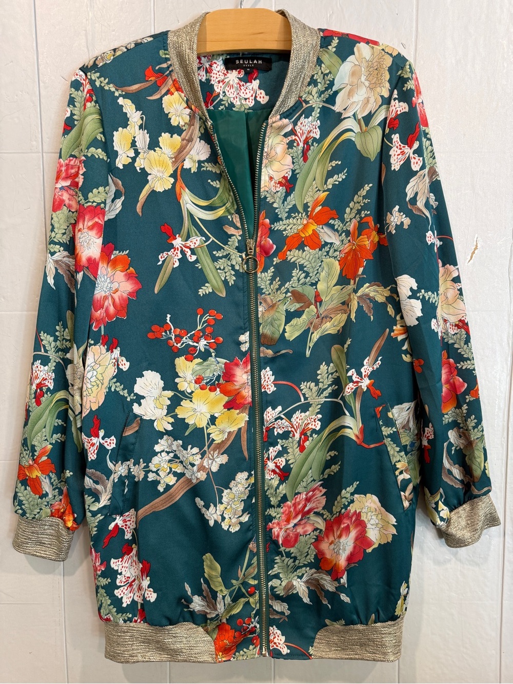 Beulah Style Teal Floral Bomber Jacket with Gold Trim Sz S